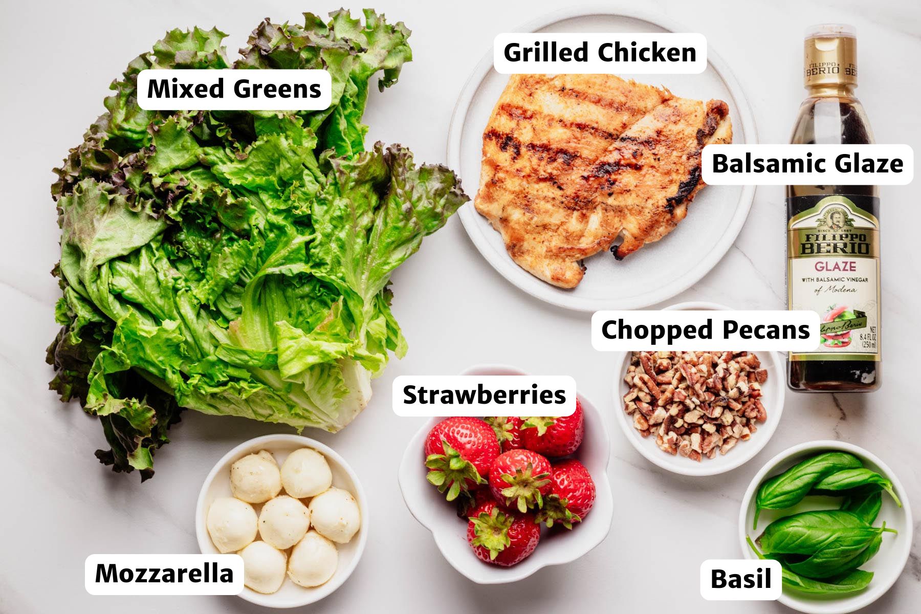 Believers Chicken Technology Caprese Slaved Syadlades, including mixed vegetables, grilled chicken, Pecaic pecear chopped balls, and new basils.