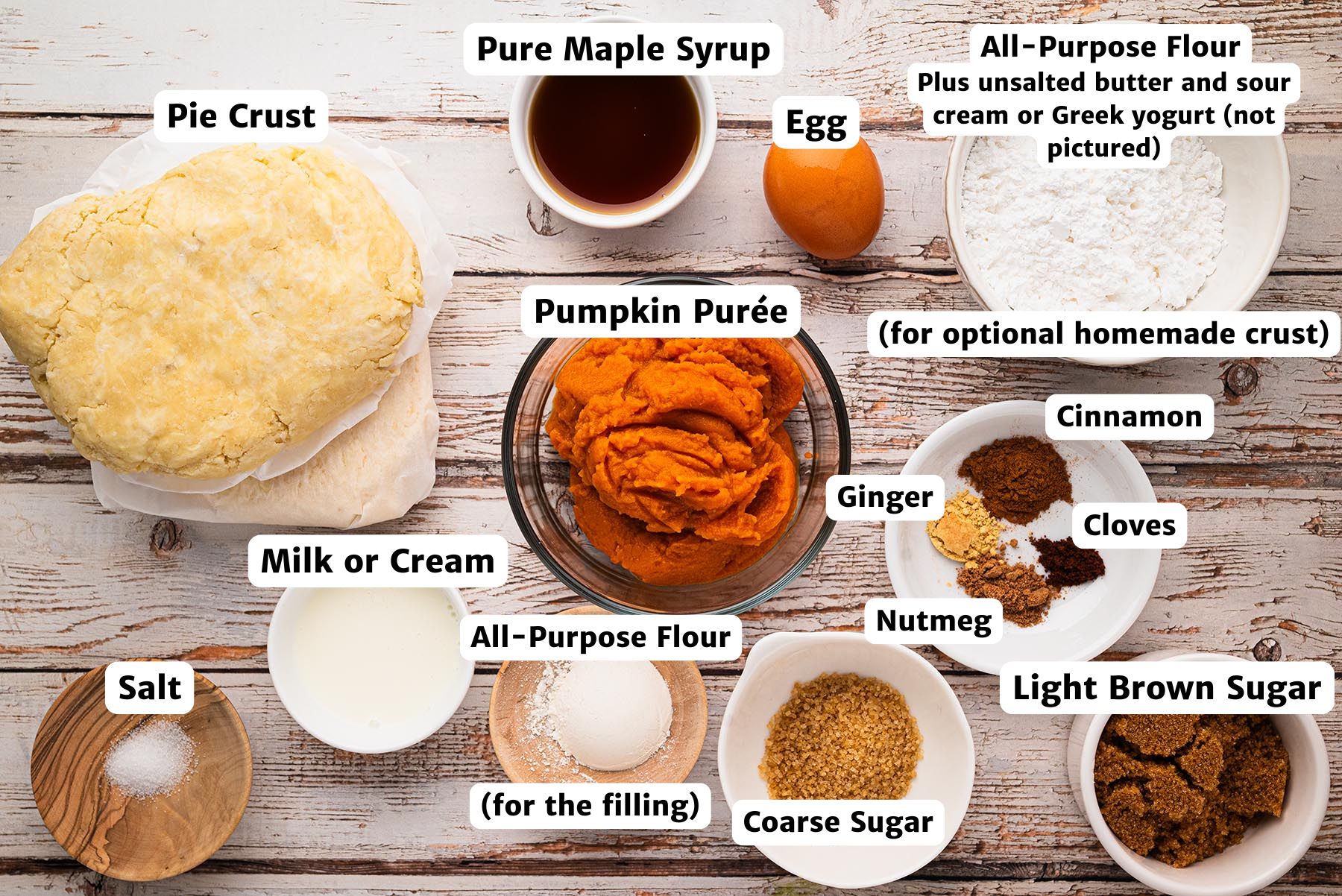 Overhead view of labeled ingredients for pumpkin pie hand pies, including pumpkin purée, light brown sugar, pure maple syrup, egg, milk or cream, coarse sugar, salt, spices (cinnamon, ginger, nutmeg, cloves), pie crust, and flour for both the filling and optional homemade crust. Butter and sour cream for the homemade crust are not pictured.