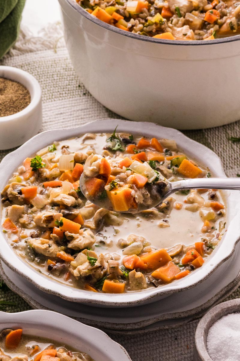 Close-up of a white bowl of creamy chicken and wild rice soup&mdash;carrots, mushrooms, celery, and parsley visible&mdash;with a spoon lifting a hearty scoop; Dutch oven in the background.