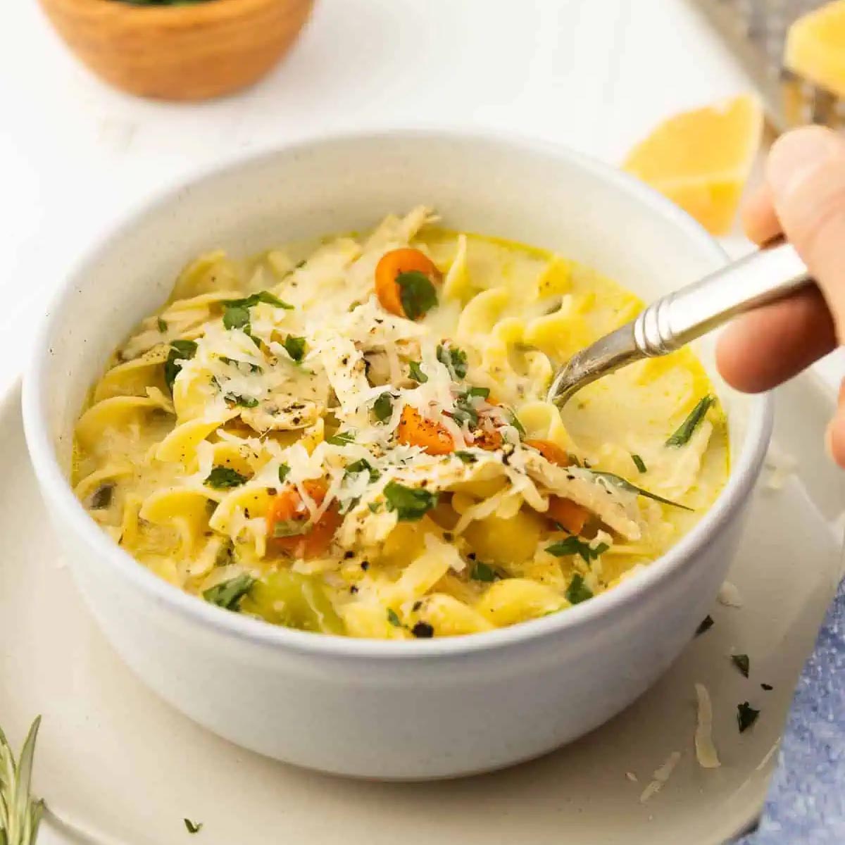 Creamy chicken noodle soup with egg noodles, shredded chicken, carrots, celery, and herbs, topped with Parmesan in a white bowl.