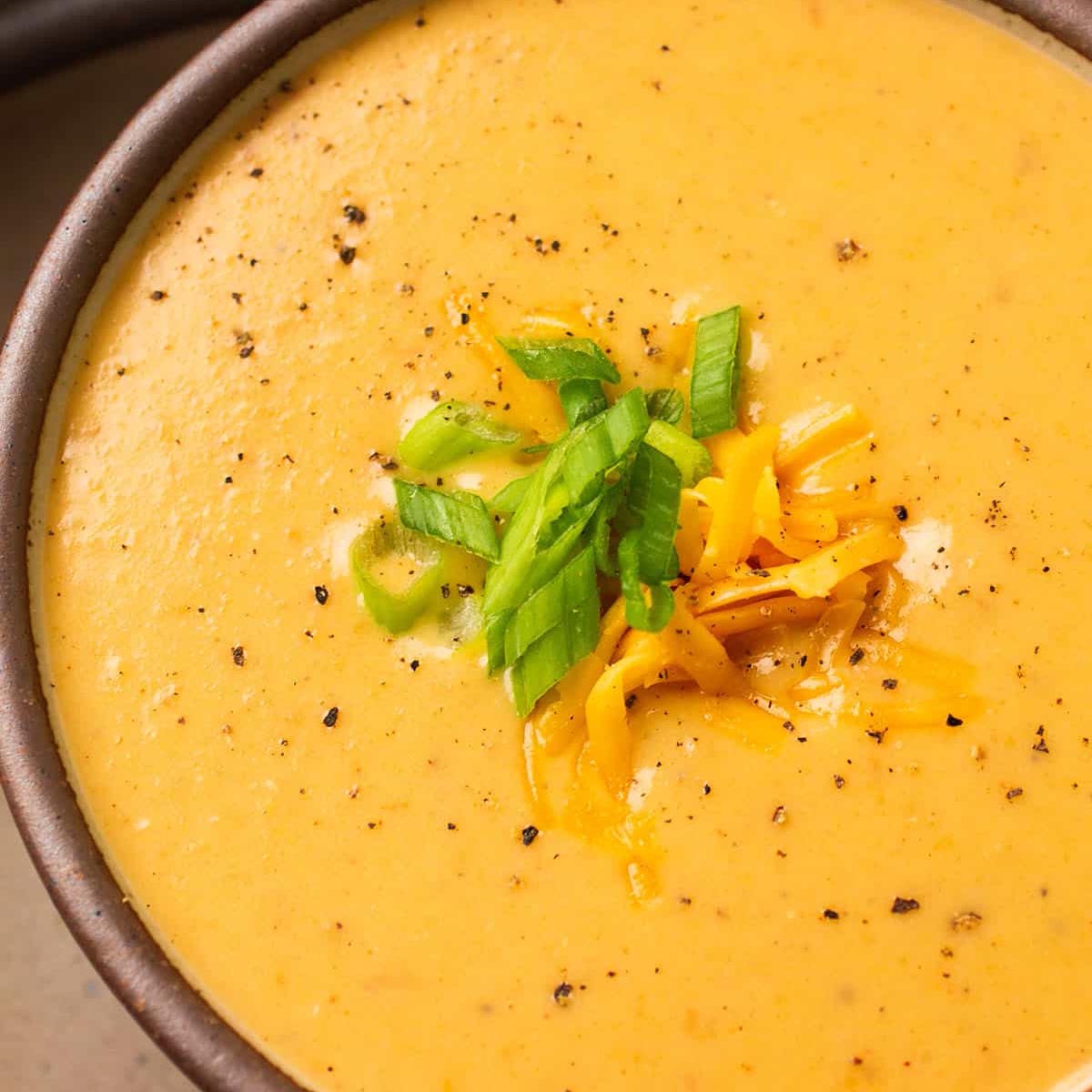 Apple beer cheese soup topped with shredded cheddar and sliced green onions.