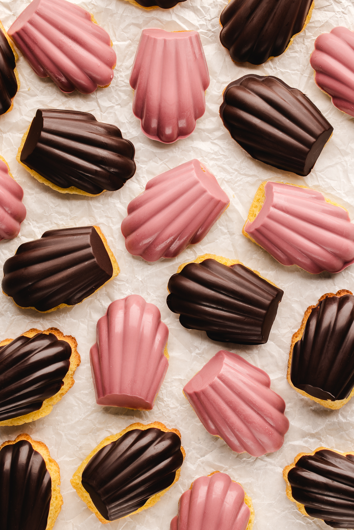 Overhead of chocolate-dipped and ruby-coated madeleines arranged on crinkled parchment, showing the scalloped shells.