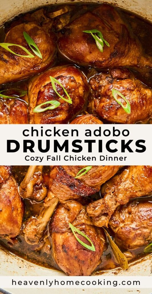 Chicken adobo drumsticks simmering in a rich, dark sauce inside a pot, garnished with sliced green onions and bay leaves.