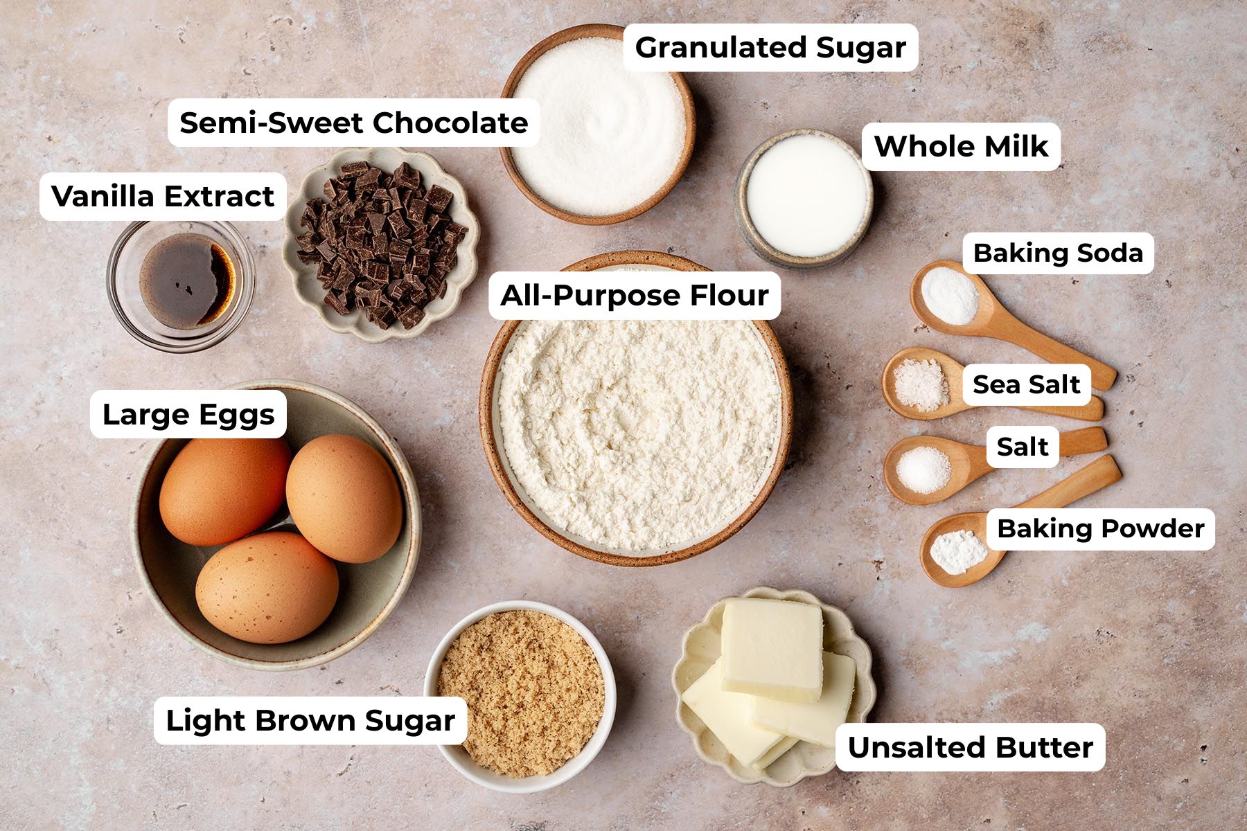Overhead view of labeled ingredients for chocolate chunk cookies arranged on a neutral countertop, including flour, sugars, butter, eggs, chocolate chunks, vanilla, milk, baking soda, baking powder, salt, and sea salt.