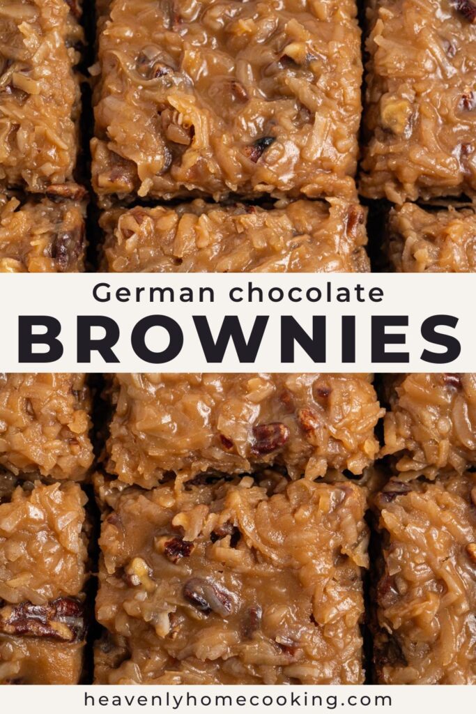 Close-up of German chocolate brownies topped with thick coconut pecan frosting arranged in neat rows. Vertical Pinterest pin for rich homemade German chocolate brownies from Heavenly Home Cooking.