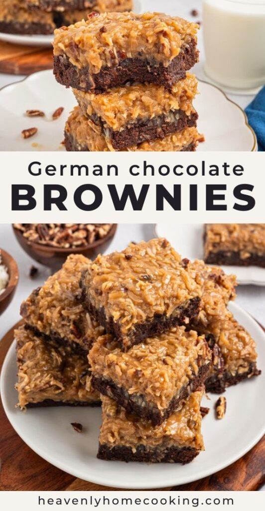 Stacked German chocolate brownies topped with coconut pecan frosting on white plates. Vertical Pinterest pin for a rich homemade German chocolate brownies dessert recipe from Heavenly Home Cooking.