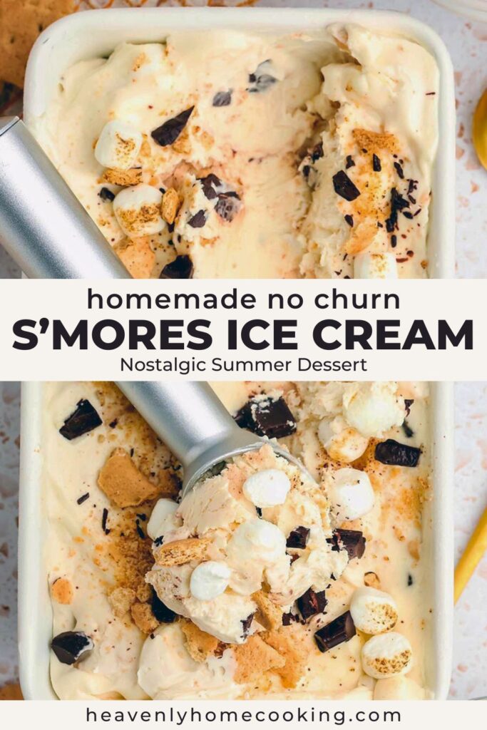 Close-up of homemade no churn s’mores ice cream in a loaf pan with chocolate chunks, mini marshmallows, graham cracker pieces, and an ice cream scoop. Vertical Pinterest pin for a nostalgic summer dessert recipe from Heavenly Home Cooking.
