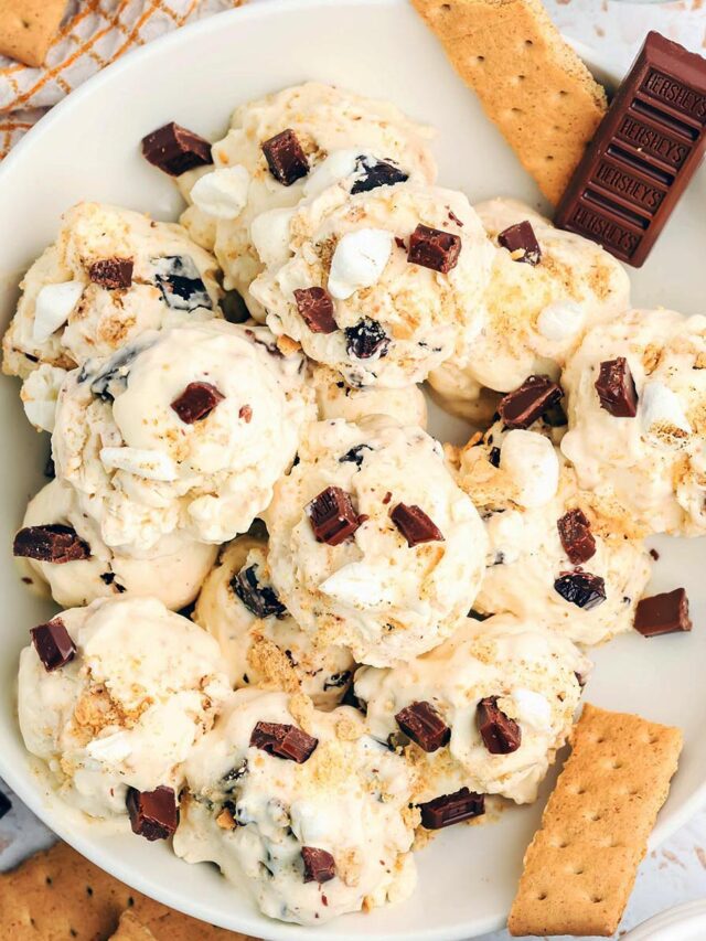 Overhead view of homemade s’mores ice cream scoops topped with chocolate chunks, mini marshmallows, and graham cracker crumbs in a white bowl surrounded by graham crackers and chocolate bars.