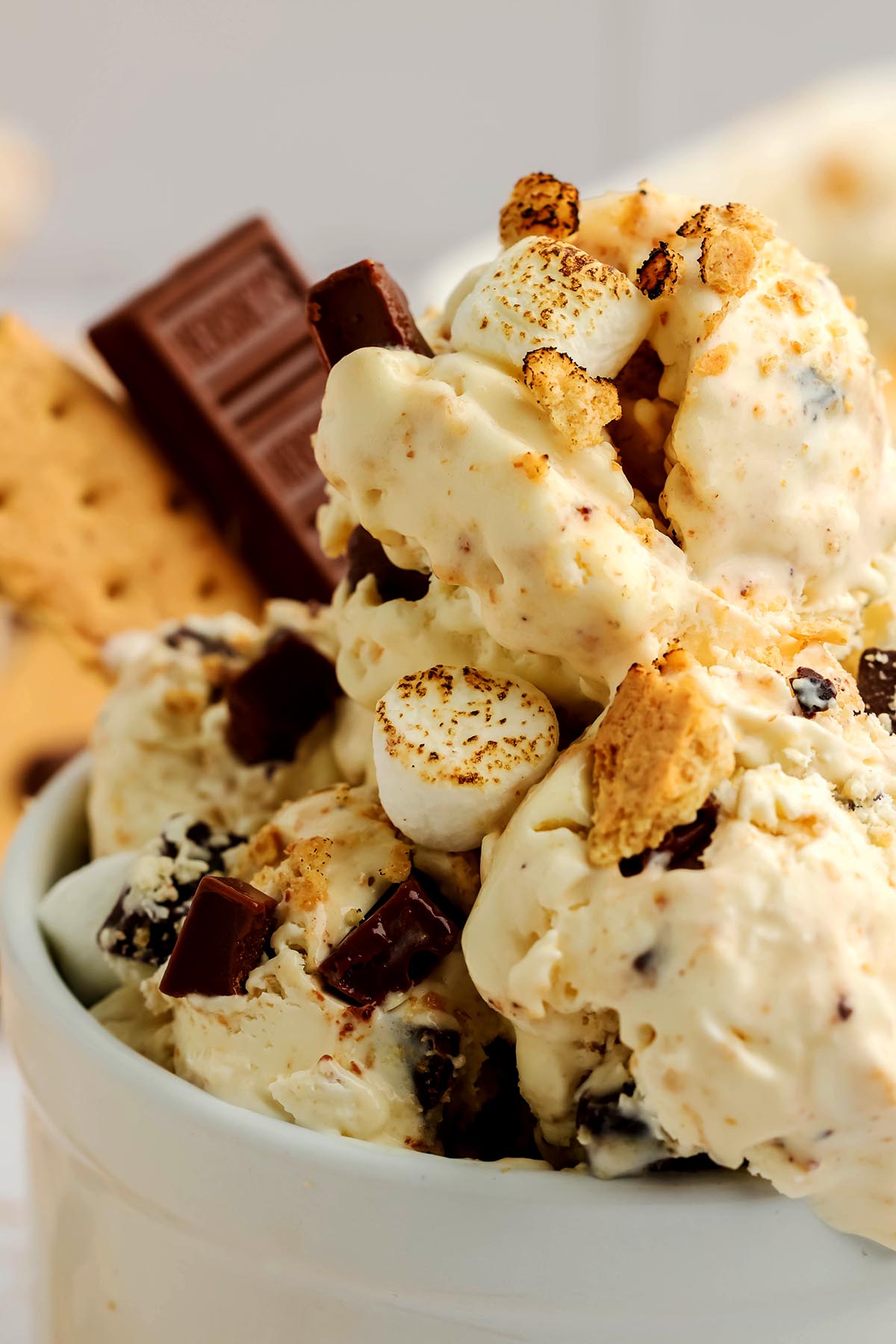 Close-up of homemade s’mores ice cream topped with toasted mini marshmallows, chocolate chunks, and graham cracker pieces in a white bowl.