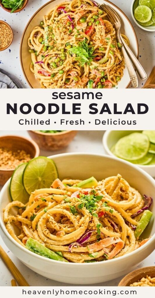 Sesame noodle salad with chilled noodles, crunchy vegetables, sesame dressing, lime wedges, and fresh herbs in serving bowls. Vertical Pinterest pin for a fresh and flavorful sesame noodle salad recipe from Heavenly Home Cooking.
