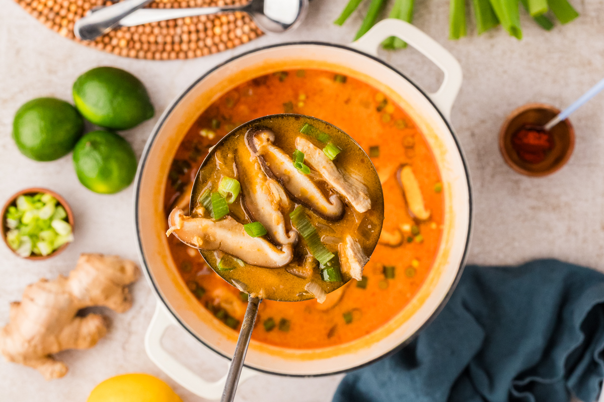 Ladle lifting creamy Thai chicken soup with mushrooms and green onions over a pot of coconut curry