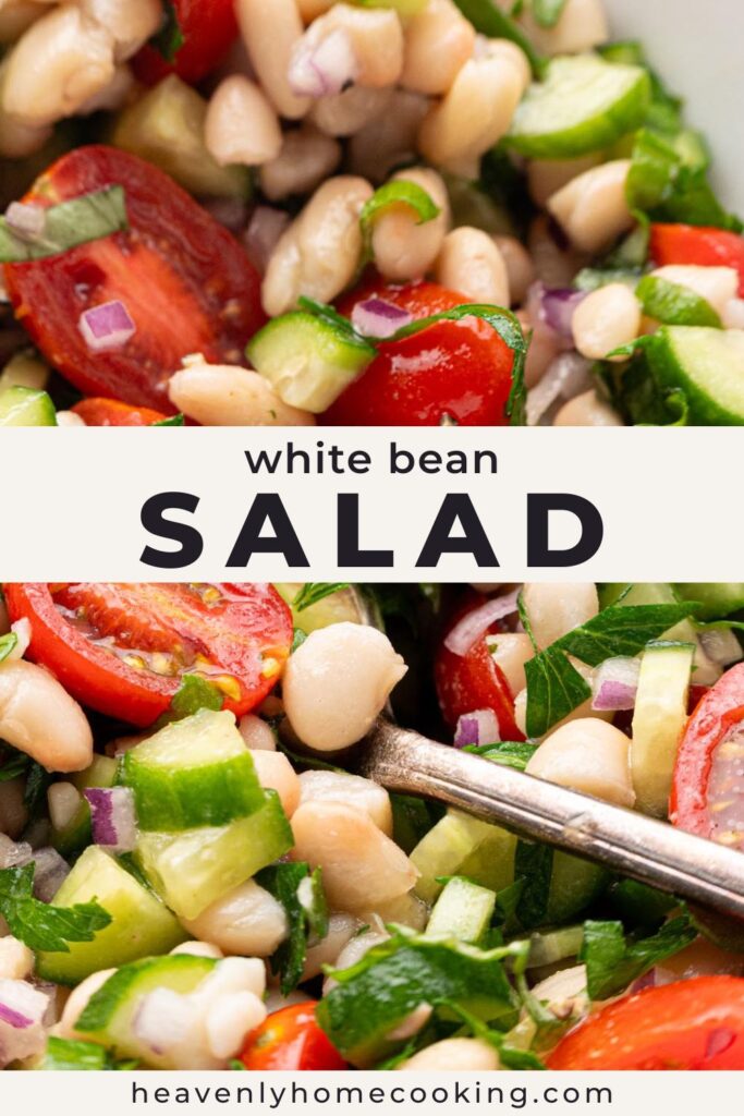 Close-up of white bean salad with cannellini beans, cherry tomatoes, cucumber, red onion, parsley, and a serving spoon. Vertical Pinterest pin for a fresh Mediterranean-inspired white bean salad recipe from Heavenly Home Cooking.