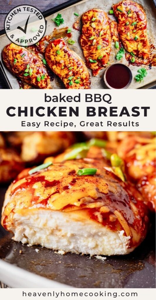 Baked BBQ chicken breasts topped with melted cheddar cheese and green onions, shown whole on a sheet pan and sliced to reveal the juicy interior. Vertical Pinterest pin for a baked BBQ chicken breast recipe from Heavenly Home Cooking.