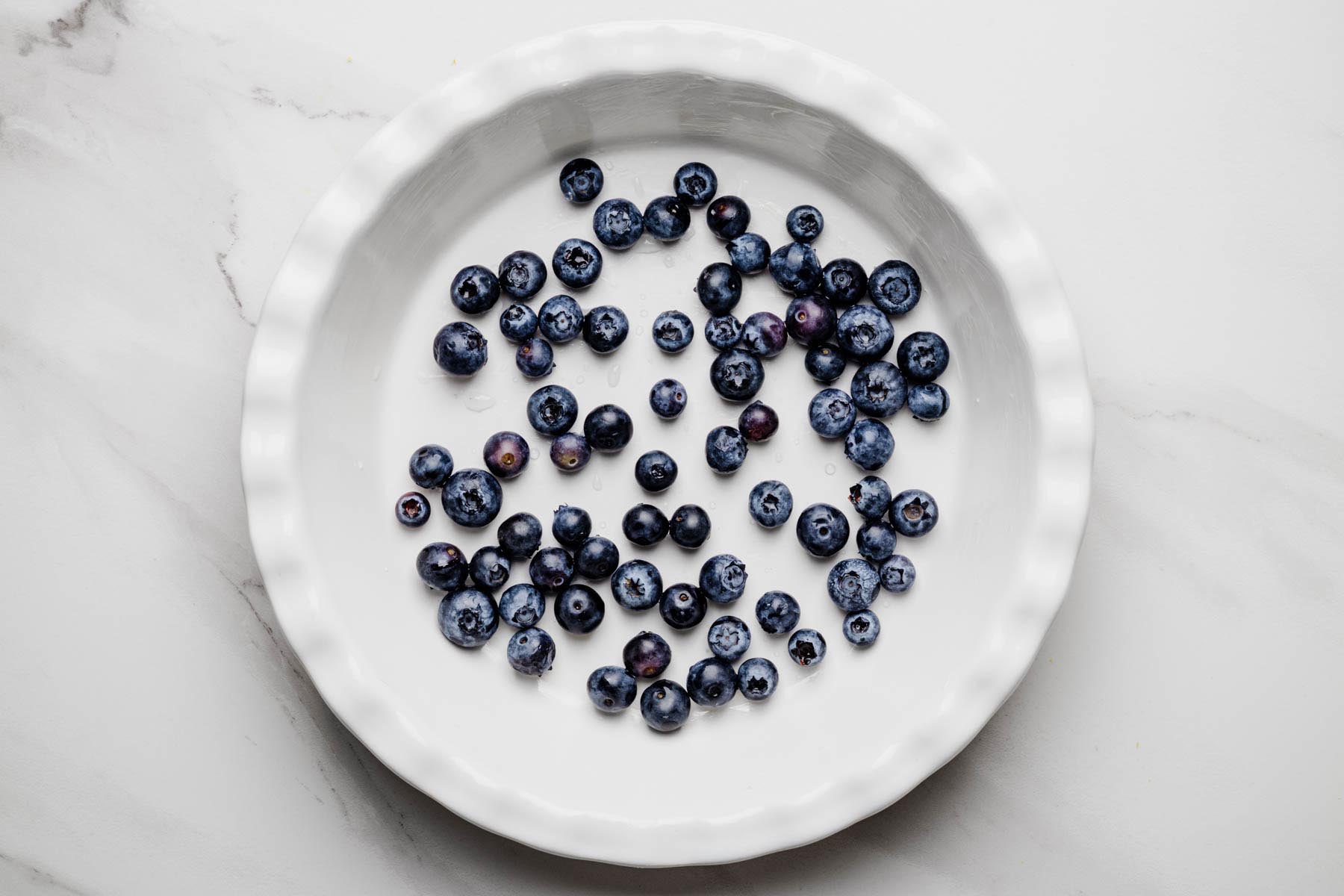 Fresh blueberries scattered across the bottom of a greased deep-dish pie plate.