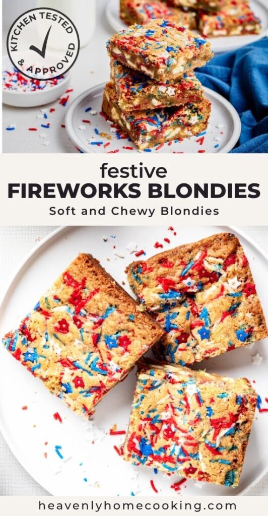 Fireworks blondies topped with red, white, and blue sprinkles and white chocolate chunks, stacked on a plate and cut into thick bars. Vertical Pinterest pin for soft and chewy fireworks blondies, a festive patriotic dessert recipe from Heavenly Home Cooking.