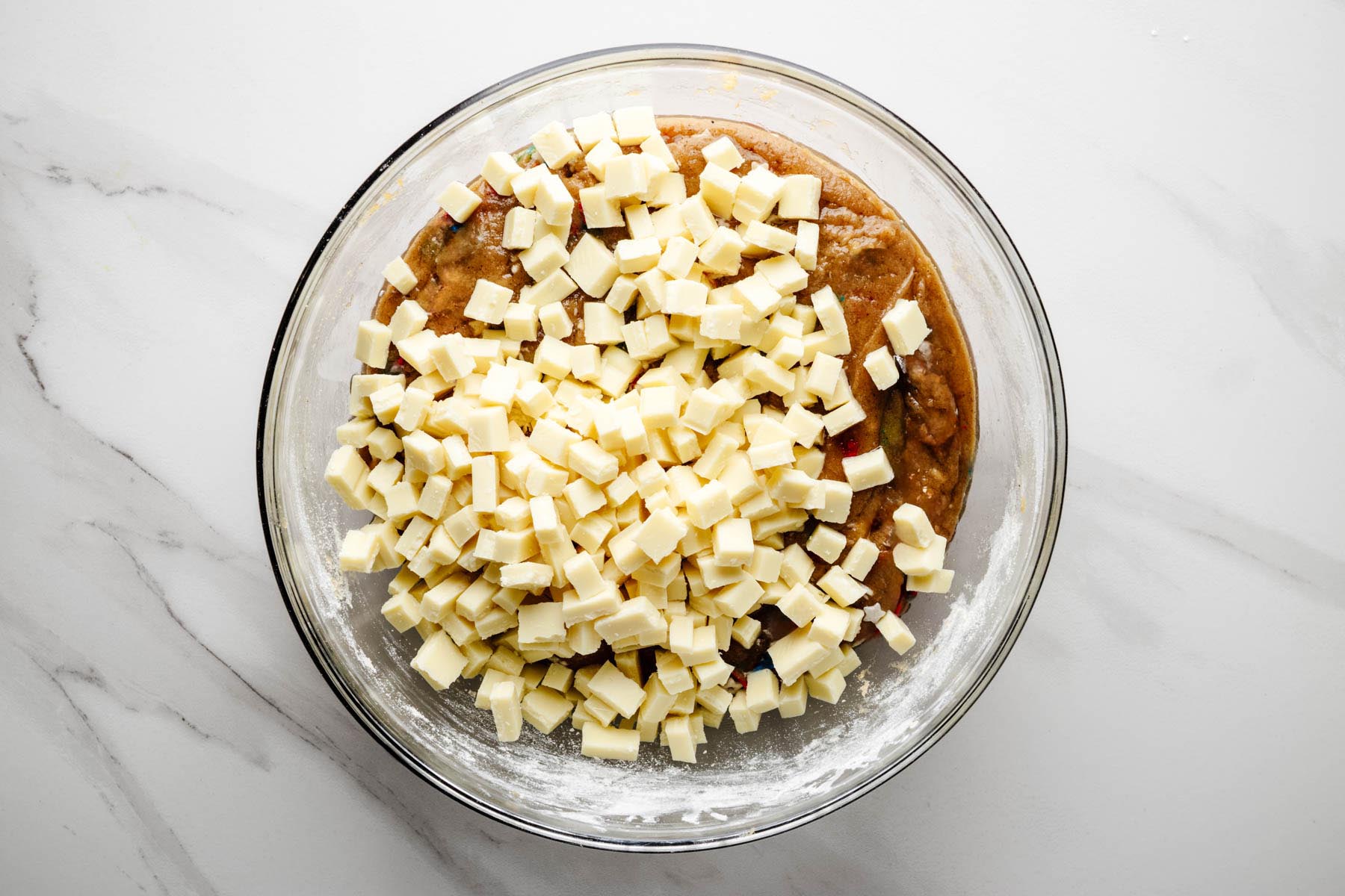 Chopped white chocolate added to the batter.
