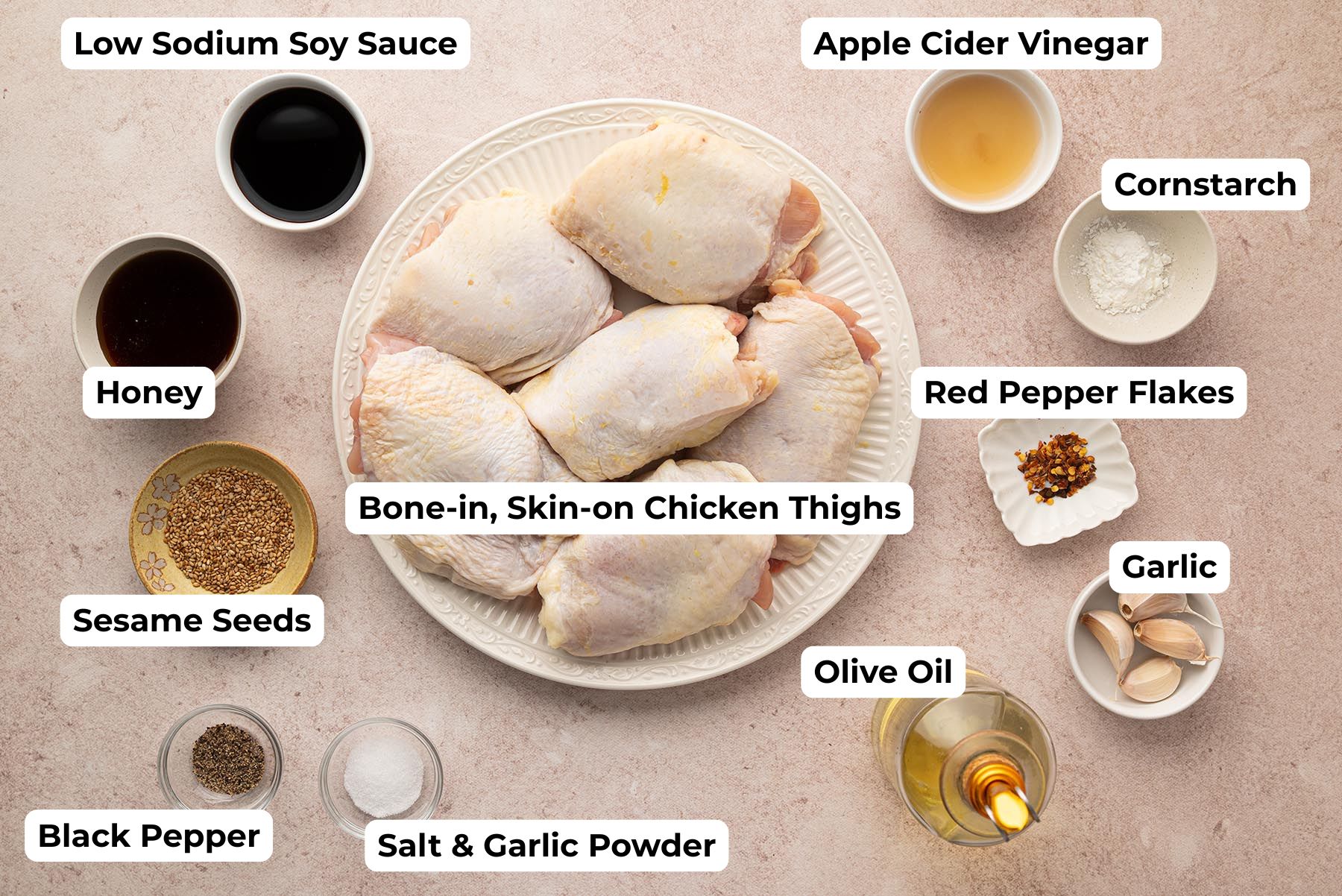 An overhead view of the labeled ingredients for honey garlic chicken thighs, including bone-in, skin-on chicken thighs, honey, low-sodium soy sauce, garlic, olive oil, apple cider vinegar, cornstarch, sesame seeds, black pepper, salt, garlic powder, and red pepper flakes.