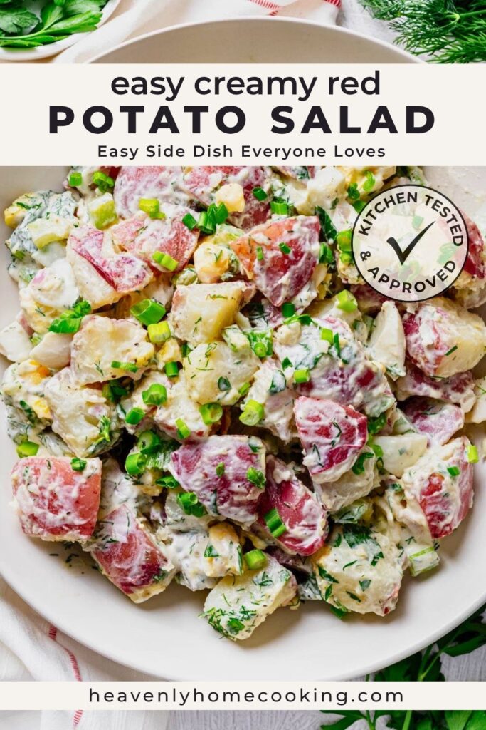 Easy creamy red potato salad made with tender red potatoes, hard-boiled eggs, green onions, celery, and fresh dill tossed in a creamy dressing. Vertical Pinterest pin for a homemade red potato salad side dish recipe from Heavenly Home Cooking.
