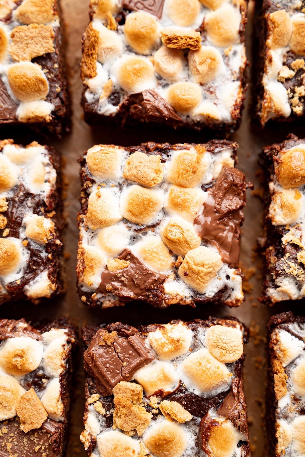 Overhead view of sweet potato s'mores brownies topped with toasted mini marshmallows, chocolate pieces, and graham cracker crumbs.