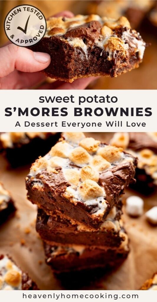 Hand holding a sweet potato s'mores brownie topped with toasted marshmallows and melted chocolate, with a stack of fudgy brownies in the background. Vertical Pinterest pin for a sweet potato s'mores brownie recipe from Heavenly Home Cooking.