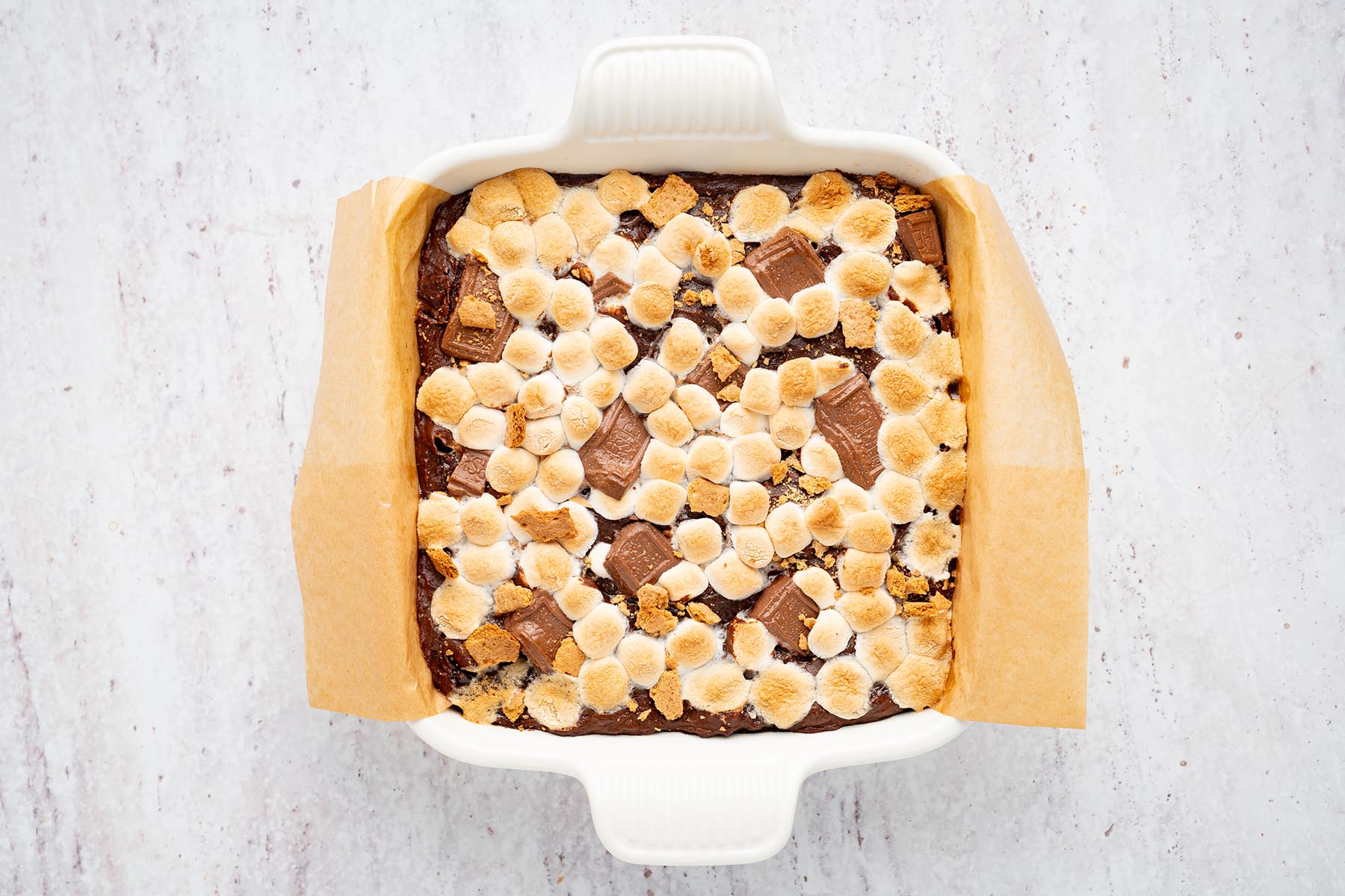 Sweet potato s'mores brownies baked until the marshmallows are lightly toasted.