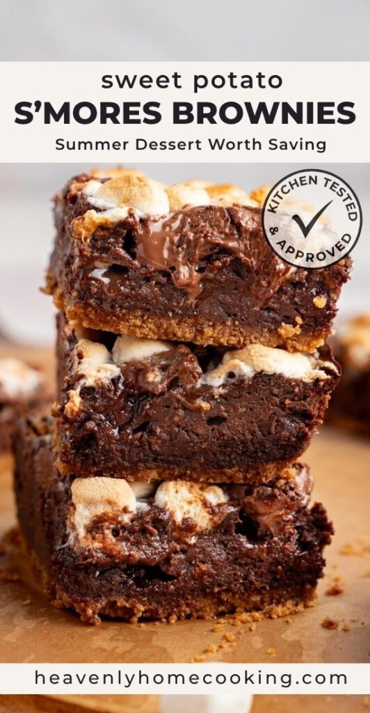 Stack of sweet potato s'mores brownies with gooey melted chocolate, toasted marshmallows, and a graham cracker crust. Vertical Pinterest pin for a sweet potato s'mores brownie recipe from Heavenly Home Cooking.