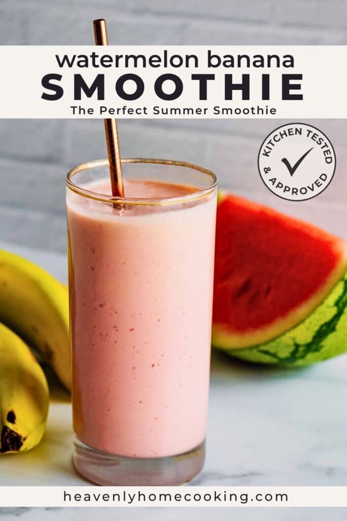 Glass of watermelon banana smoothie with a metal straw, served alongside fresh watermelon and bananas. Vertical Pinterest pin for a refreshing watermelon banana smoothie recipe from Heavenly Home Cooking.