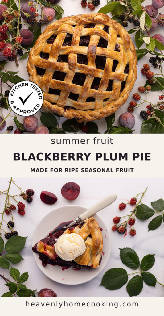 A golden lattice-topped blackberry plum pie is surrounded by fresh blackberries, ripe plums, and green leaves, with a slice topped with vanilla ice cream served on a white plate below. This vertical Pinterest pin features a homemade blackberry plum pie recipe from Heavenly Home Cooking.