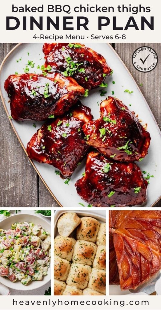 Baked BBQ chicken dinner plan pin featuring glazed chicken thighs, red potato salad, garlic dinner rolls, and peach upside-down cake.