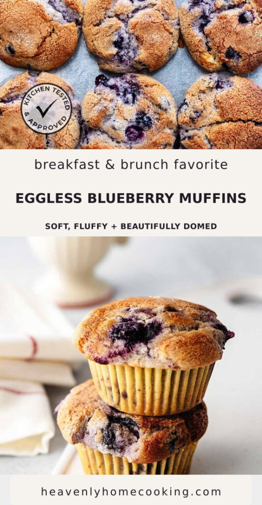 An overhead view shows six bakery-style eggless blueberry muffins with tall, crackly domes bursting with blueberries above a close-up of two stacked muffins on a marble board. The Pinterest pin includes the text "Breakfast & Brunch Favorite Eggless Blueberry Muffins – Soft, Fluffy + Beautifully Domed." This vertical Pinterest pin features a homemade eggless blueberry muffins recipe from Heavenly Home Cooking.