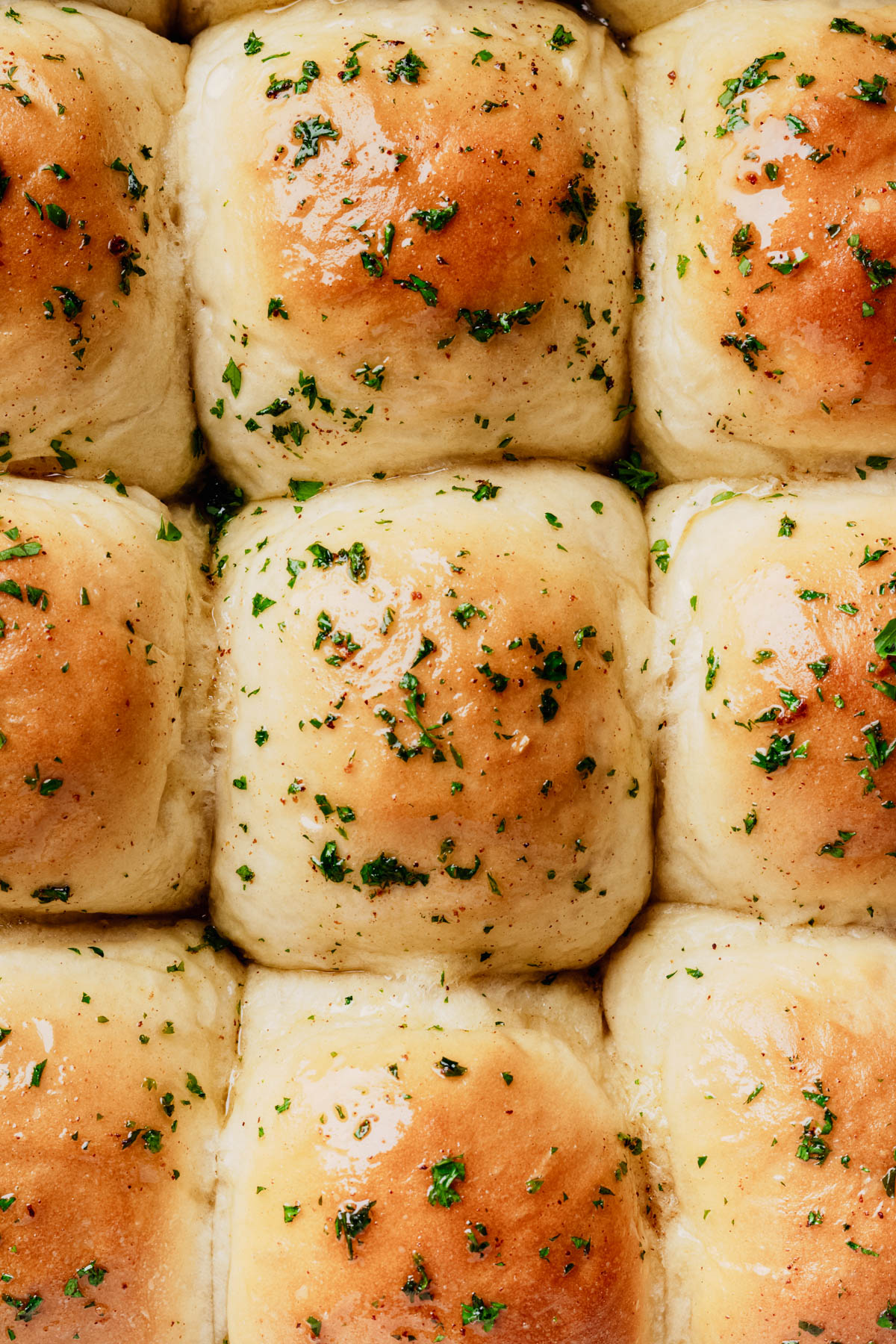 Close-up overhead view of buttery homemade garlic dinner rolls with golden tops and fresh parsley after baking.