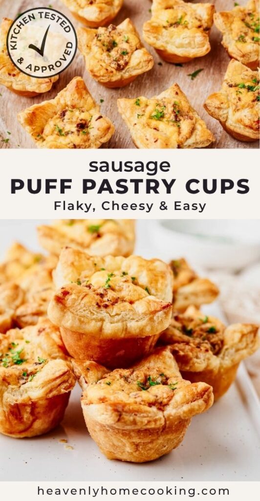 Golden sausage puff pastry cups filled with cream cheese and cheddar and garnished with parsley. Text reads “Sausage Puff Pastry Cups: Flaky, Cheesy & Easy.”