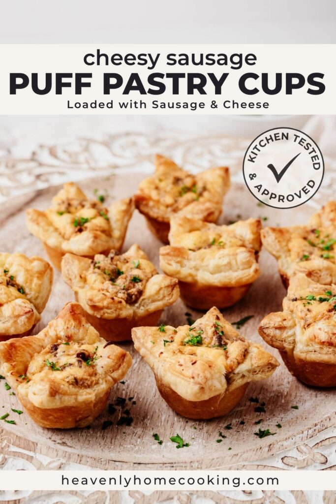 Golden sausage puff pastry cups filled with savory sausage and cheese, garnished with parsley. Text reads “Cheesy Sausage Puff Pastry Cups: Loaded with Sausage & Cheese.”