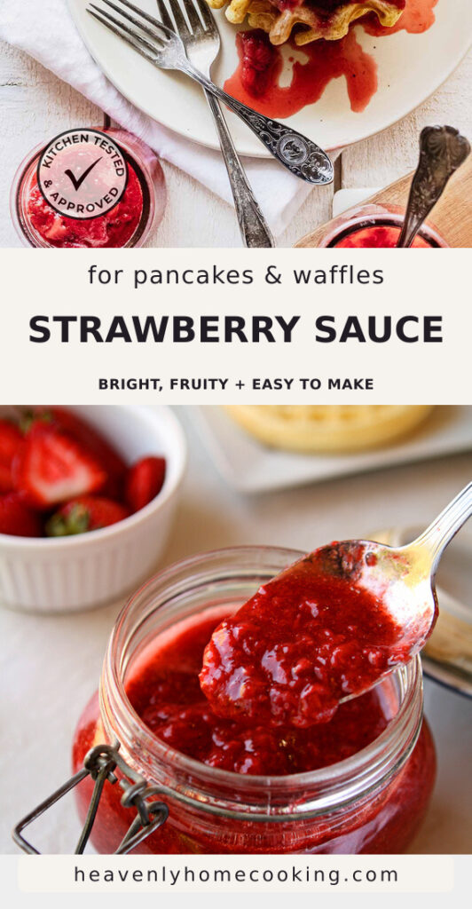 A spoon lifts chunky homemade strawberry compote from a glass jar filled with bright red strawberry sauce, with fresh strawberries and waffles blurred in the background. The Pinterest pin includes the text "Easy Homemade Strawberry Compote – A Fresh, Fruity Sauce for So Much More." This vertical Pinterest pin features a homemade strawberry compote recipe from Heavenly Home Cooking.