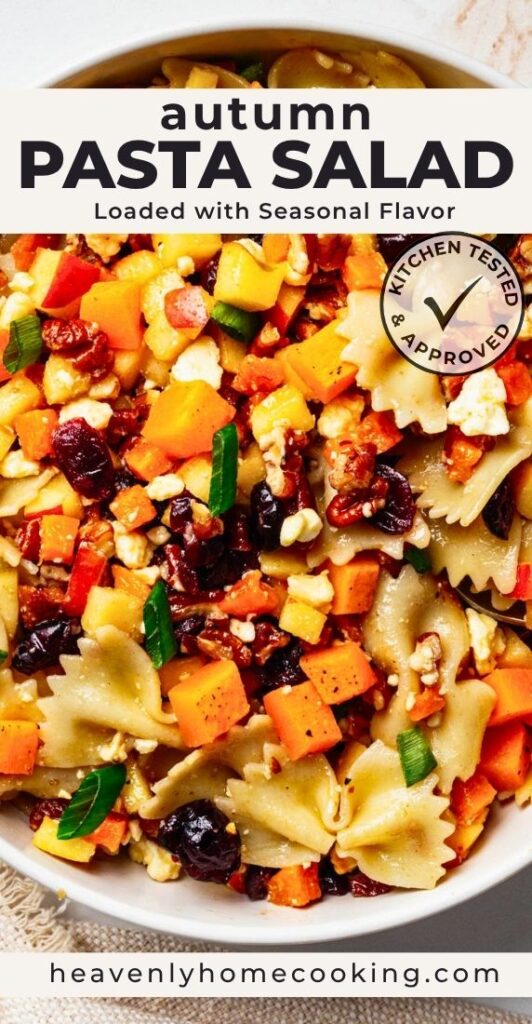 Autumn pasta salad with bow tie pasta, roasted butternut squash, crisp apples, dried cranberries, feta cheese, pecans, and green onions tossed in a honey Dijon vinaigrette. This colorful fall salad is perfect for potlucks, holiday dinners, and family gatherings.