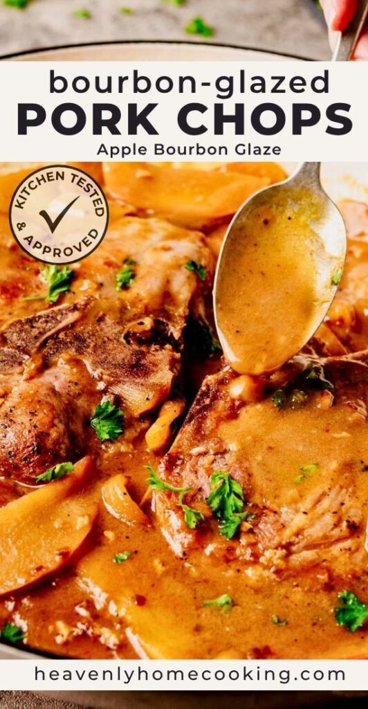 Juicy bourbon-glazed pork chops topped with a rich apple bourbon pan sauce and tender sautéed apples. This easy one-pan pork dinner is sweet, savory, and perfect for cozy fall meals or special family dinners.