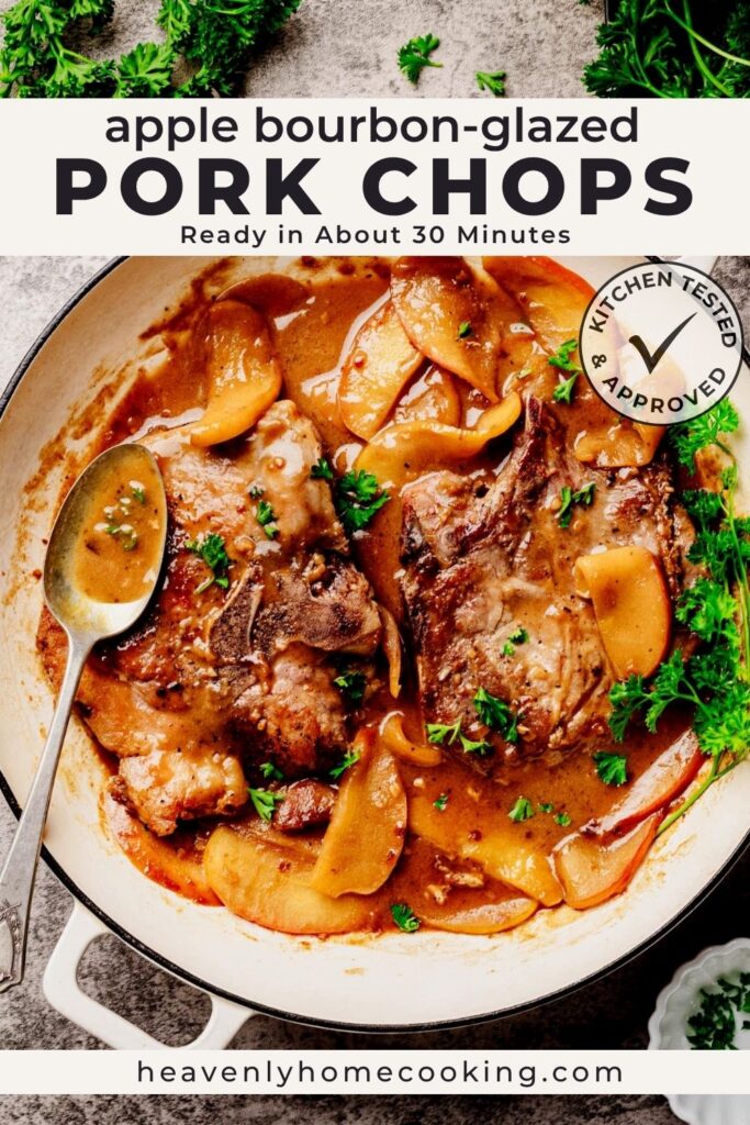 One-pan apple bourbon-glazed pork chops cooked with tender apples in a rich, sweet-and-savory bourbon glaze. This quick pork chop recipe is ready in about 30 minutes, making it an easy weeknight dinner with restaurant-quality flavor.