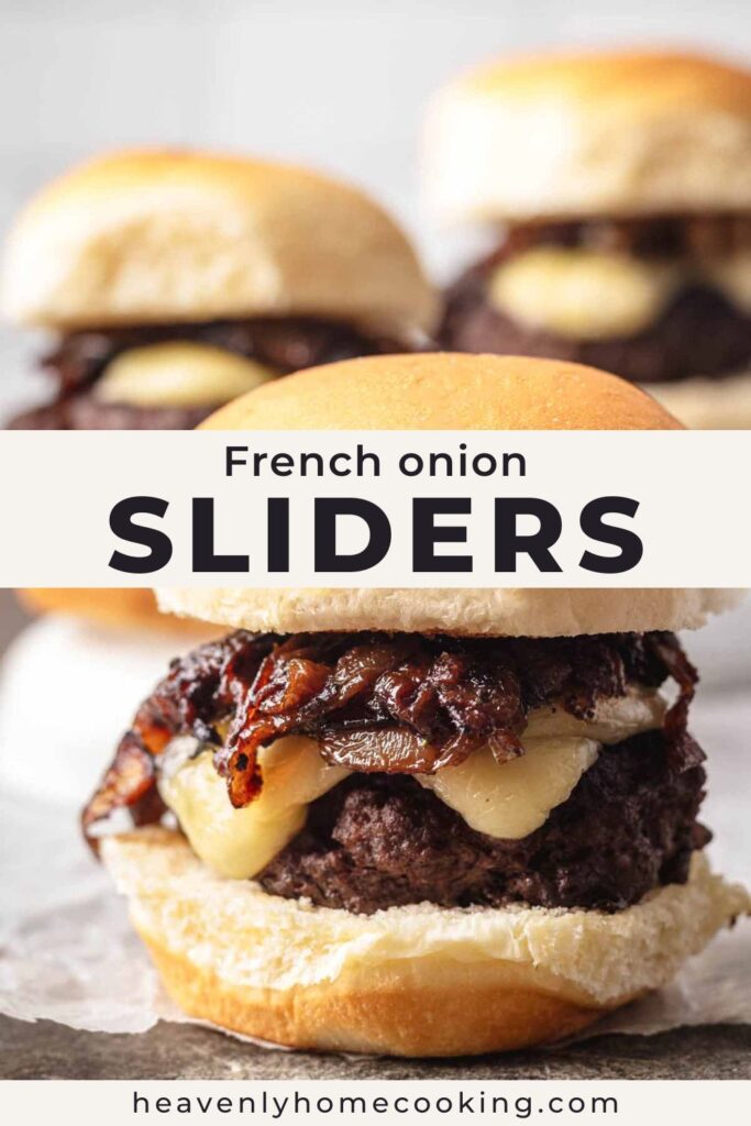 French onion sliders from Heavenly Home Cooking made with juicy beef patties, caramelized onions, and melted Gruyère cheese on soft slider buns. An easy party appetizer that's perfect for game day, holidays, and entertaining.