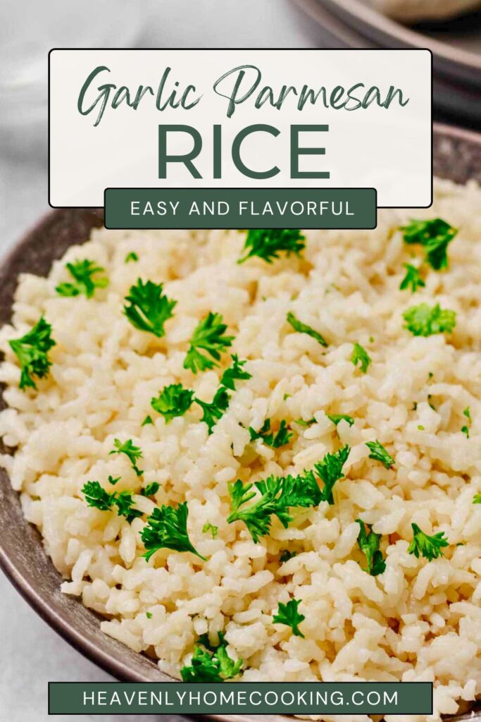 Easy garlic Parmesan rice topped with fresh parsley, a simple and flavorful side dish recipe from Heavenly Home Cooking.