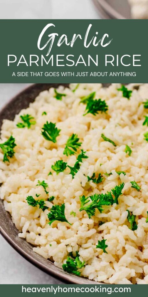 Garlic Parmesan rice with fluffy rice, Parmesan cheese, garlic, and fresh parsley, an easy side dish recipe from Heavenly Home Cooking.