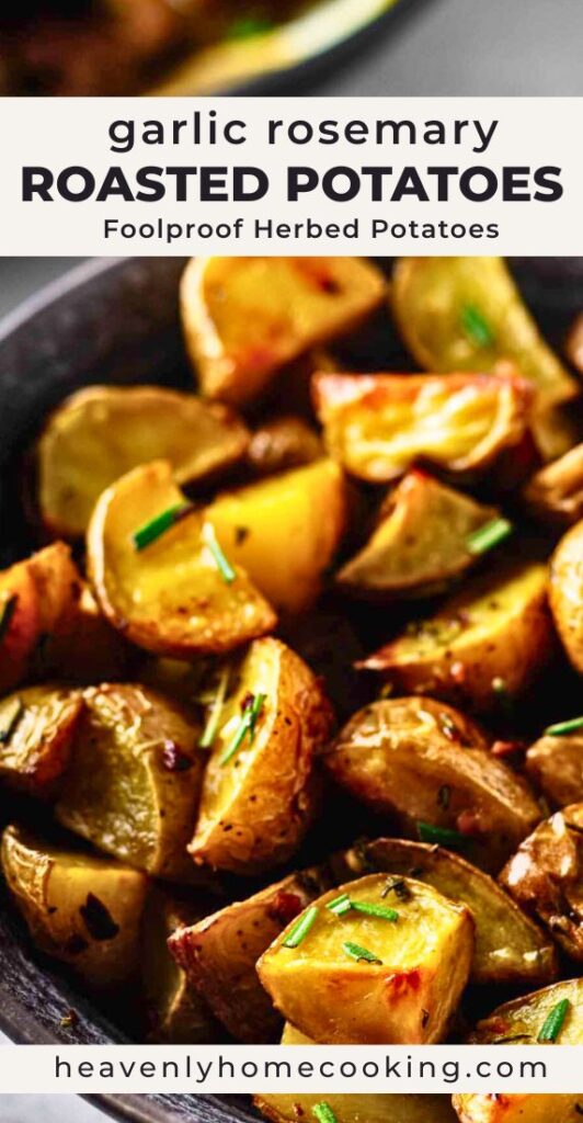 Garlic rosemary roasted potatoes from Heavenly Home Cooking. Golden roasted baby potatoes seasoned with fresh rosemary and garlic make an easy, flavorful side dish for weeknight dinners or holiday meals.