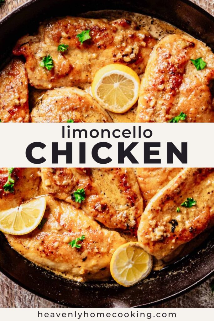 Limoncello chicken featuring tender golden chicken breasts in a rich lemony pan sauce with garlic and fresh herbs, from Heavenly Home Cooking.
