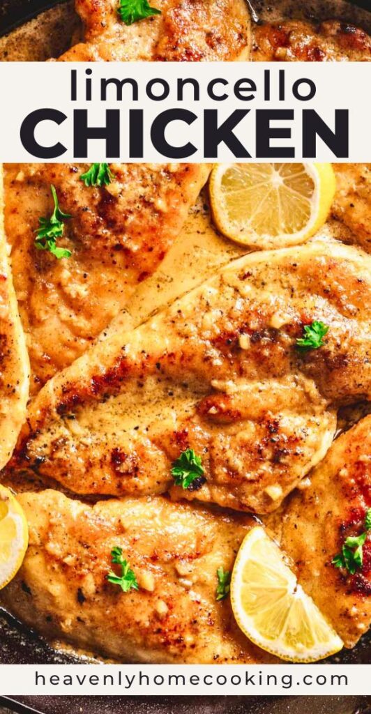 Limoncello chicken with golden pan-seared chicken breasts in a creamy lemon garlic sauce, garnished with fresh parsley and lemon, from Heavenly Home Cooking.