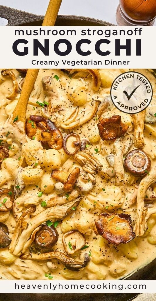 Pinterest graphic from Heavenly Home Cooking featuring creamy mushroom stroganoff gnocchi with mixed mushrooms and the text “Mushroom Stroganoff Gnocchi – Creamy Vegetarian Dinner.”