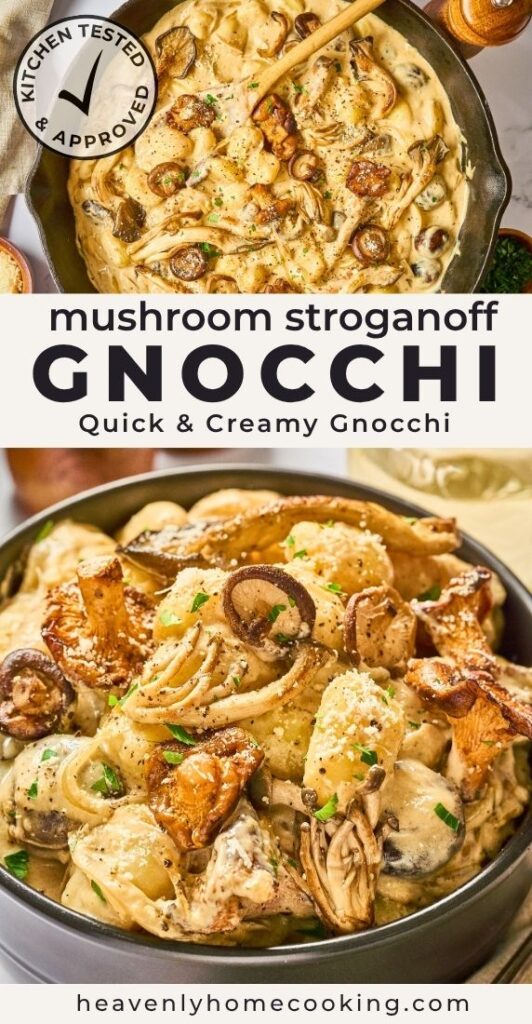 Pinterest graphic from Heavenly Home Cooking featuring creamy mushroom stroganoff gnocchi with mixed mushrooms and the text “Mushroom Stroganoff Gnocchi – Quick & Creamy Gnocchi.”