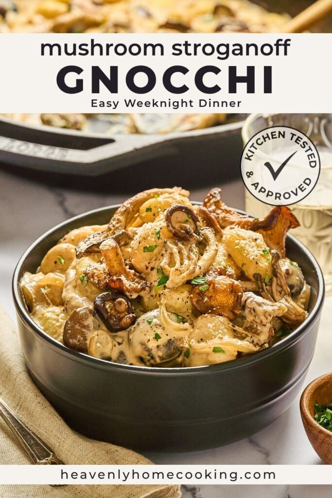 Pinterest graphic from Heavenly Home Cooking featuring a bowl of creamy mushroom stroganoff gnocchi with mixed mushrooms and the text “Mushroom Stroganoff Gnocchi – Easy Weeknight Dinner.”