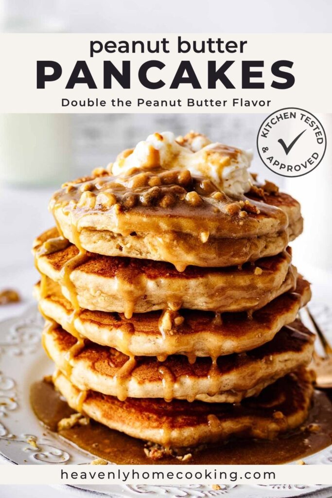 Stack of fluffy peanut butter pancakes topped with creamy peanut butter syrup, chopped peanuts, and whipped cream. This easy homemade breakfast delivers rich peanut butter flavor in every bite and is perfect for weekend brunch.