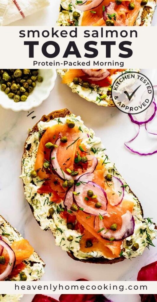 Smoked salmon toast topped with a creamy herb spread, capers, red onion, and fresh dill on hearty artisan bread. This protein-packed breakfast is fresh, flavorful, and perfect for brunch or a healthy morning meal.