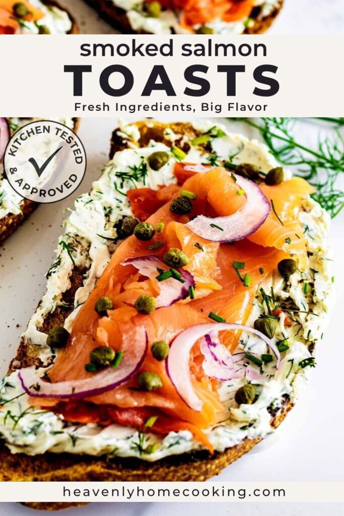 Close-up of smoked salmon toast layered with a dill herb cream cheese spread, smoked salmon, capers, and thinly sliced red onion on toasted artisan bread. This easy breakfast or brunch recipe is packed with fresh flavor and comes together in minutes.