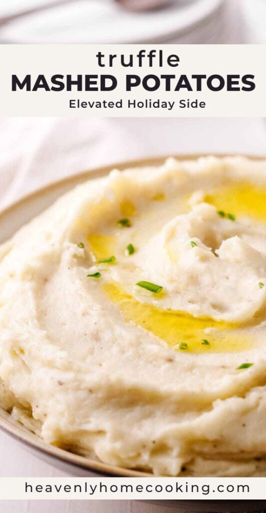 Creamy truffle mashed potatoes with melted butter and fresh chives, shown as an elevated holiday side dish.